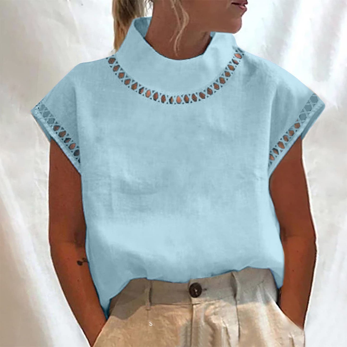 Summer Outfits for Women 2024 Cotton Linen Tops for Women 2024 Casual Cap Sleeve Summer Shirts Loose High Neck Tshirt Dressy Casual Blouses Womens Summer Blouses 2024 Gray M