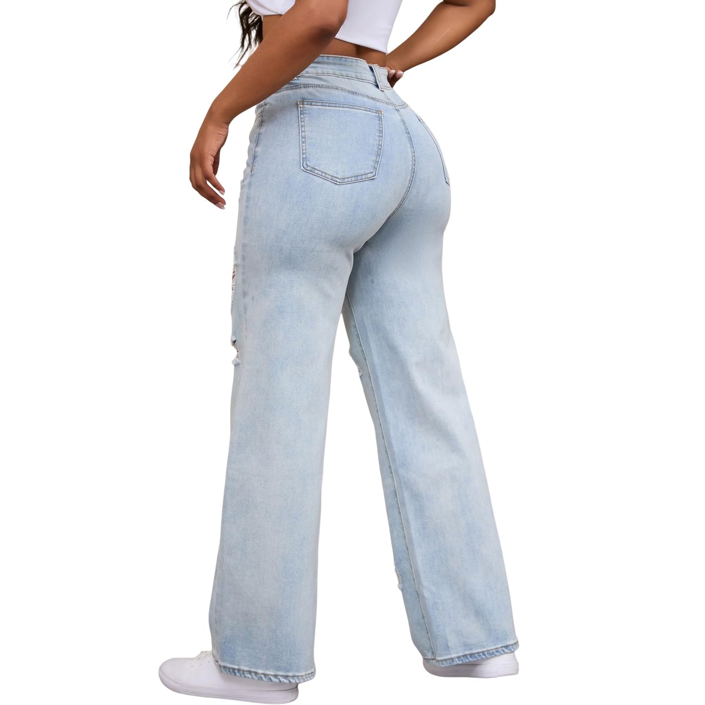 THUNDER STAR Womens High Waisted Wide Leg Jeans Stretchy Distressed Denim Pants Light Blue XXL