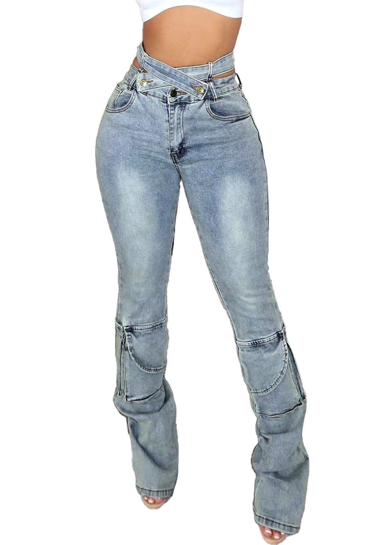 Vakkest Sexy High Waisted Skinny Jeans for Women Bodycon Crossover Stretchy Denim Cargo Pants Streetwear with Pockets