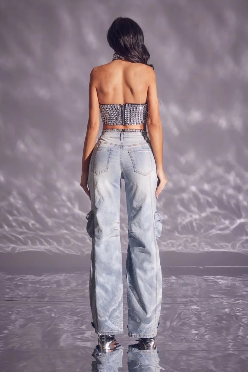 Unybwonn Sexy Pearl Sparkly Jeans for Women Cutout Bedazzled Elastic Baggy Cargo Denim Pants with Flap Pockets Blue