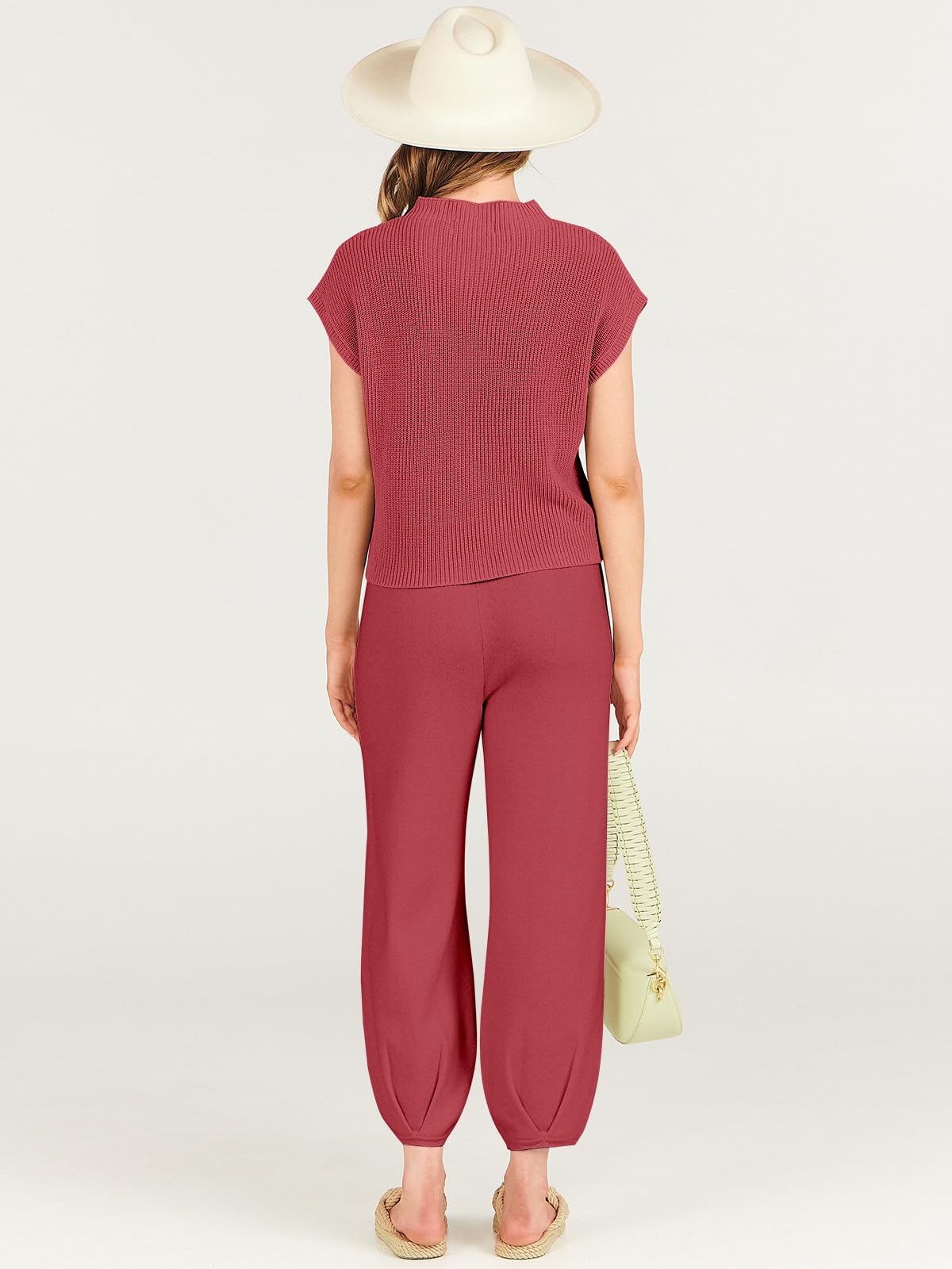ANRABESS Women's Two Piece Outfits Knit Sweater Vest Crop Top Pants Lounge Matching Tracksuit Sweatsuit Travel Clothes Sets Pink X-Small