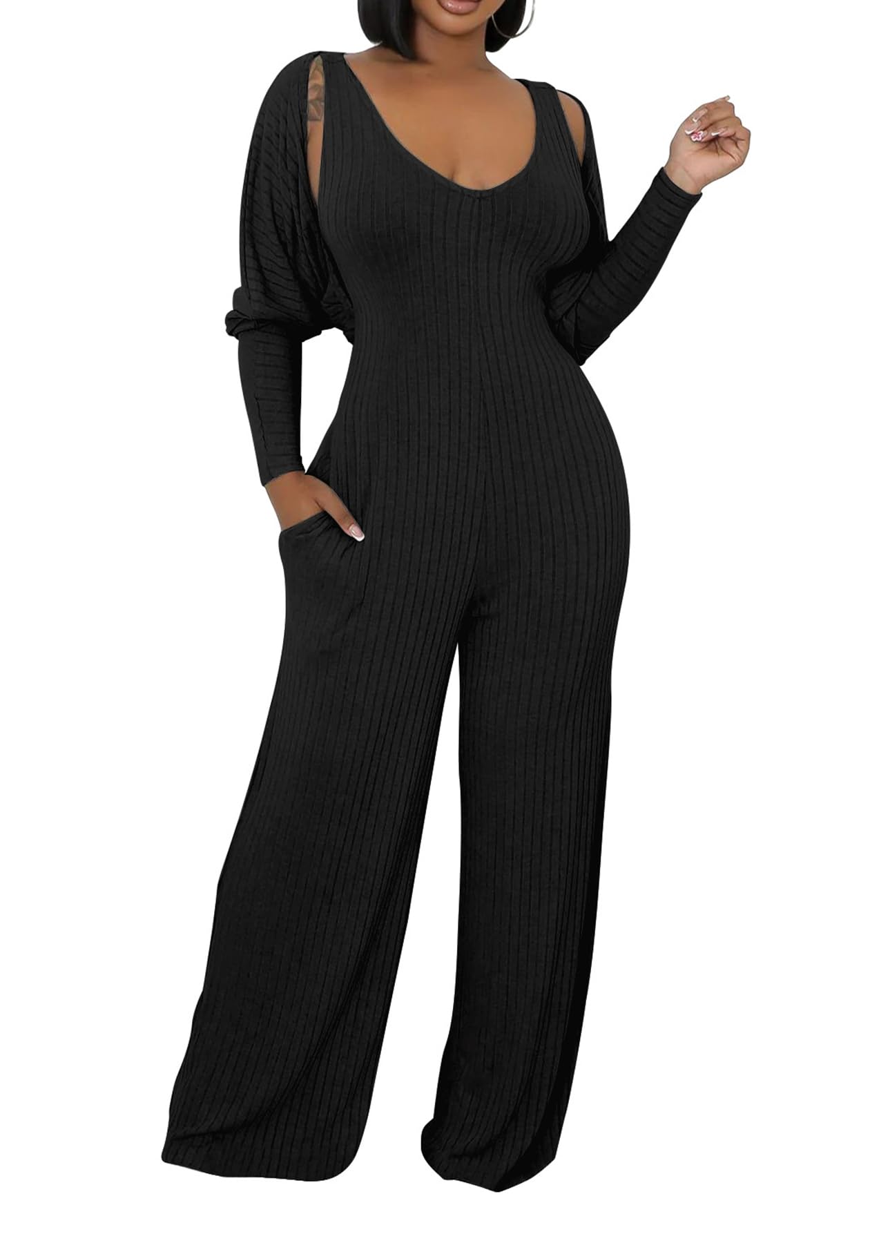 Vakkest Sexy Ribbed Knitted 2 Piece Jumpsuit Outfits for Women Long Sleeve Crop Cardigan Sweater Wide Leg Tank Romper Set