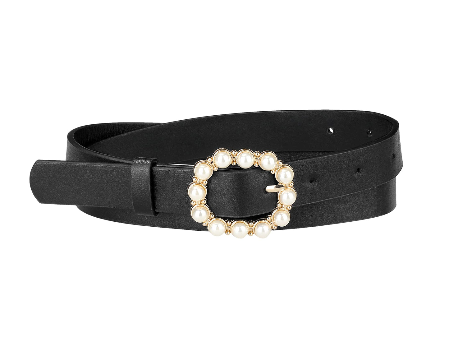Allegra K Womens Pearl Waistband Skinny Leather Adjustable Pin Buckle Belt for Jeans Dresses Pants 75-90cm/29.53"-35.43" Black