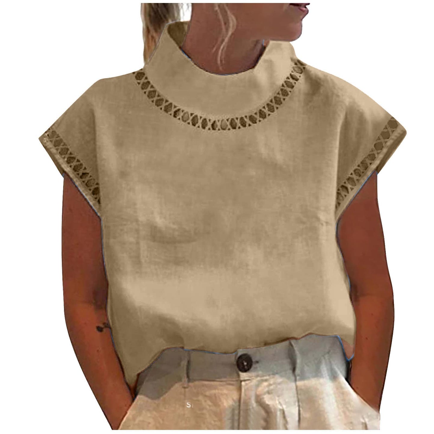 Summer Outfits for Women 2024 Cotton Linen Tops for Women 2024 Casual Cap Sleeve Summer Shirts Loose High Neck Tshirt Dressy Casual Blouses Womens Summer Blouses 2024 Gray M
