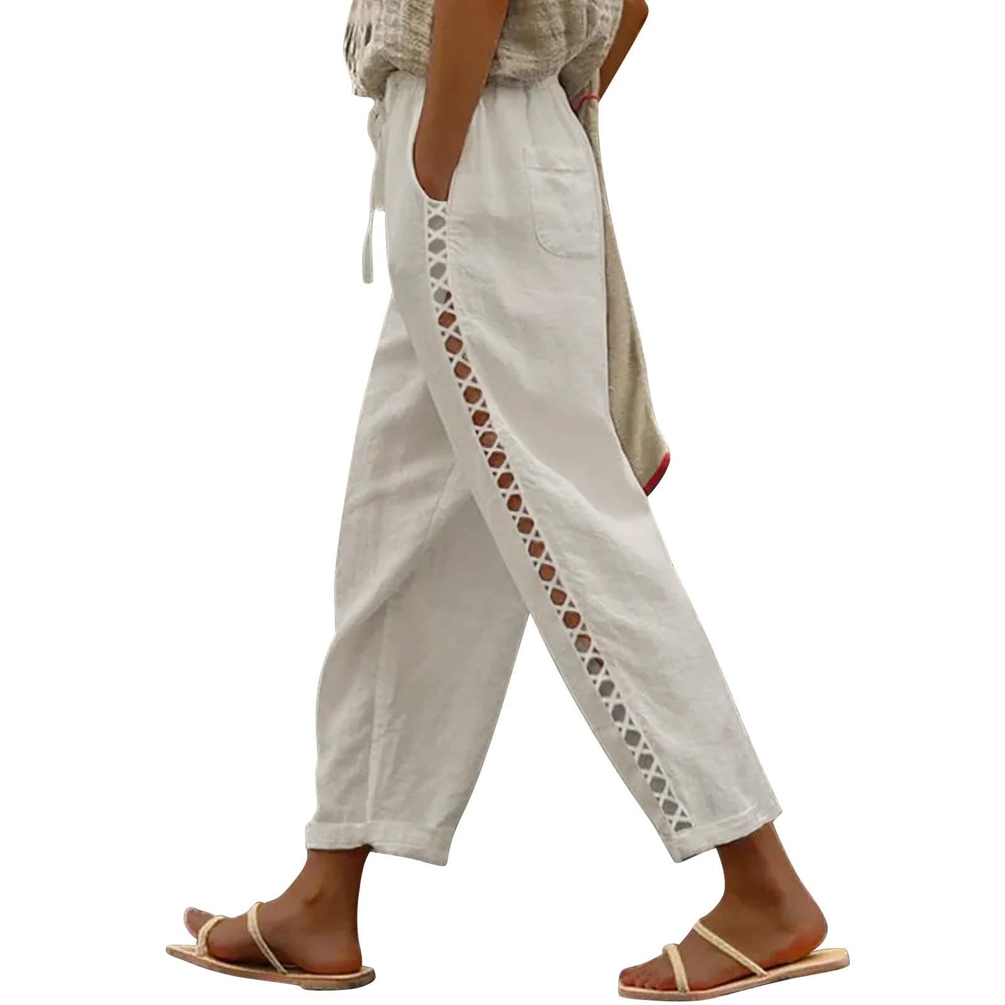 Puimentiua Women's Linen Capri Pants with Drawstring Petite Summer Beachwear Lightweight Elastic Waist Pants, Light Khaki, L
