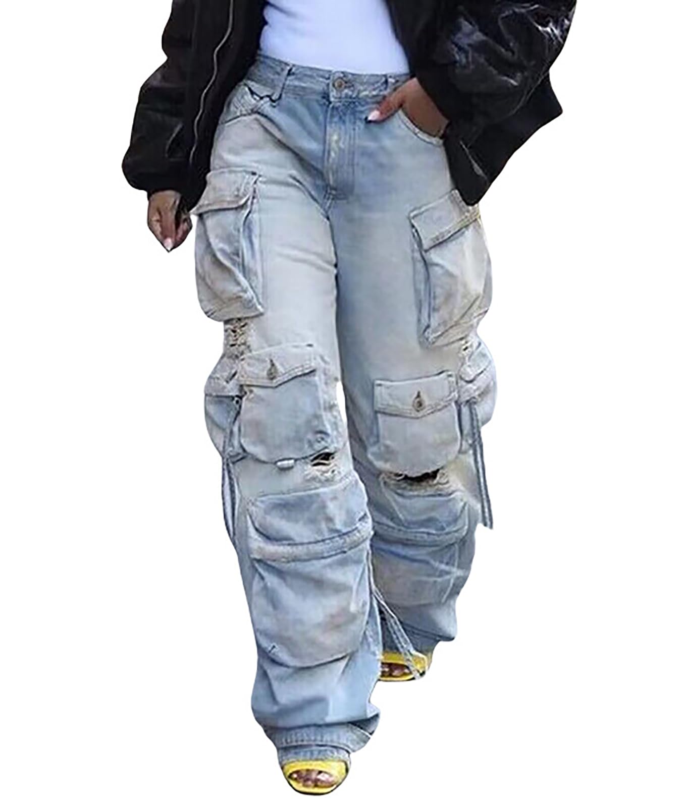 LKOUS Women's Y2K Baggy Straight Wide Leg Cargo Jeans, Streetwear High Waisted Denim Pant Grey