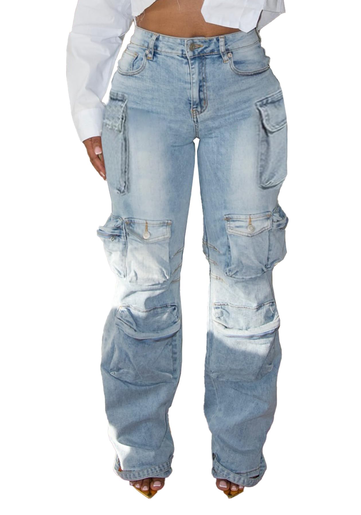 Unybwonn Sexy Pearl Sparkly Jeans for Women Cutout Bedazzled Elastic Baggy Cargo Denim Pants with Flap Pockets Blue