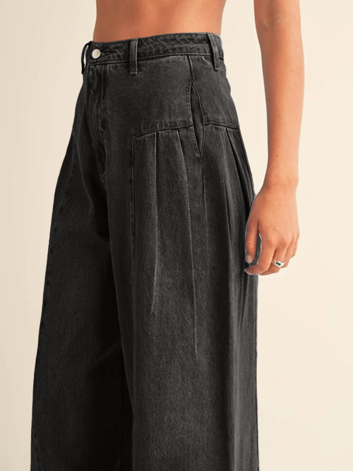 PLNOTME Womens Baggy High Waisted Jeans Loose Boyfriend Wide Leg Side Pleated Denim Pants Blue