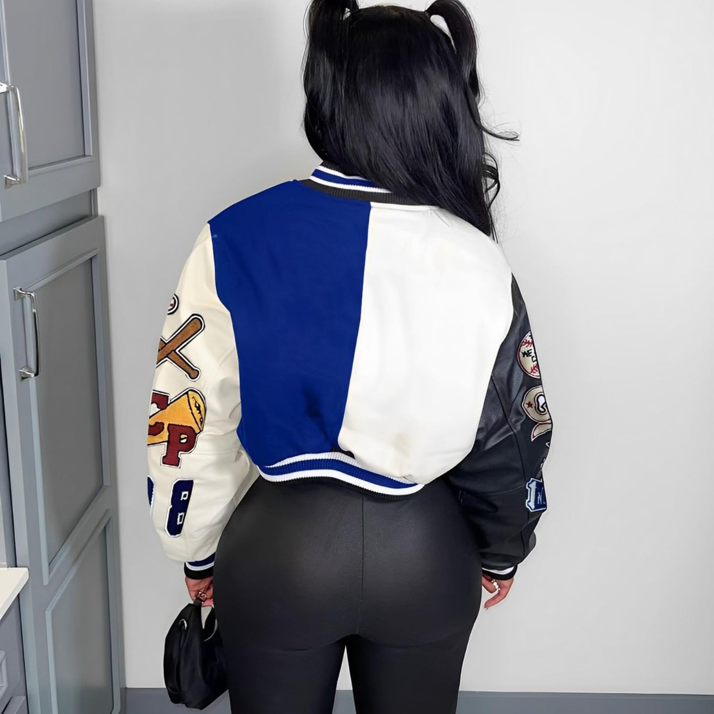 Glitrandi Varsity Jacket for Women Jacket with Patches Cropped Bomber Leather Jacket Woman Winter Spring 2025 S-XXL