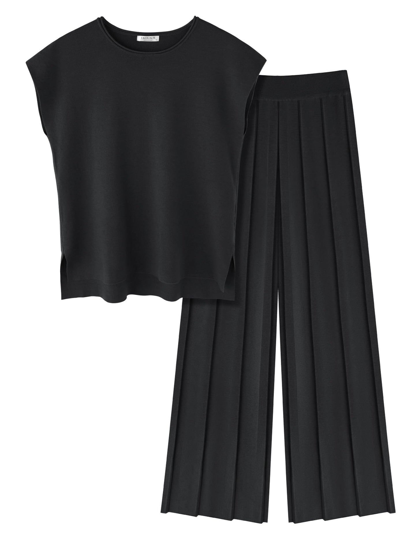 Ekouaer Lounge Sets for Women Two Piece Outfits Knit Cap Sleeve Tops Wide Leg Pleated Pants Casual Dressy Sweater Sets Beige