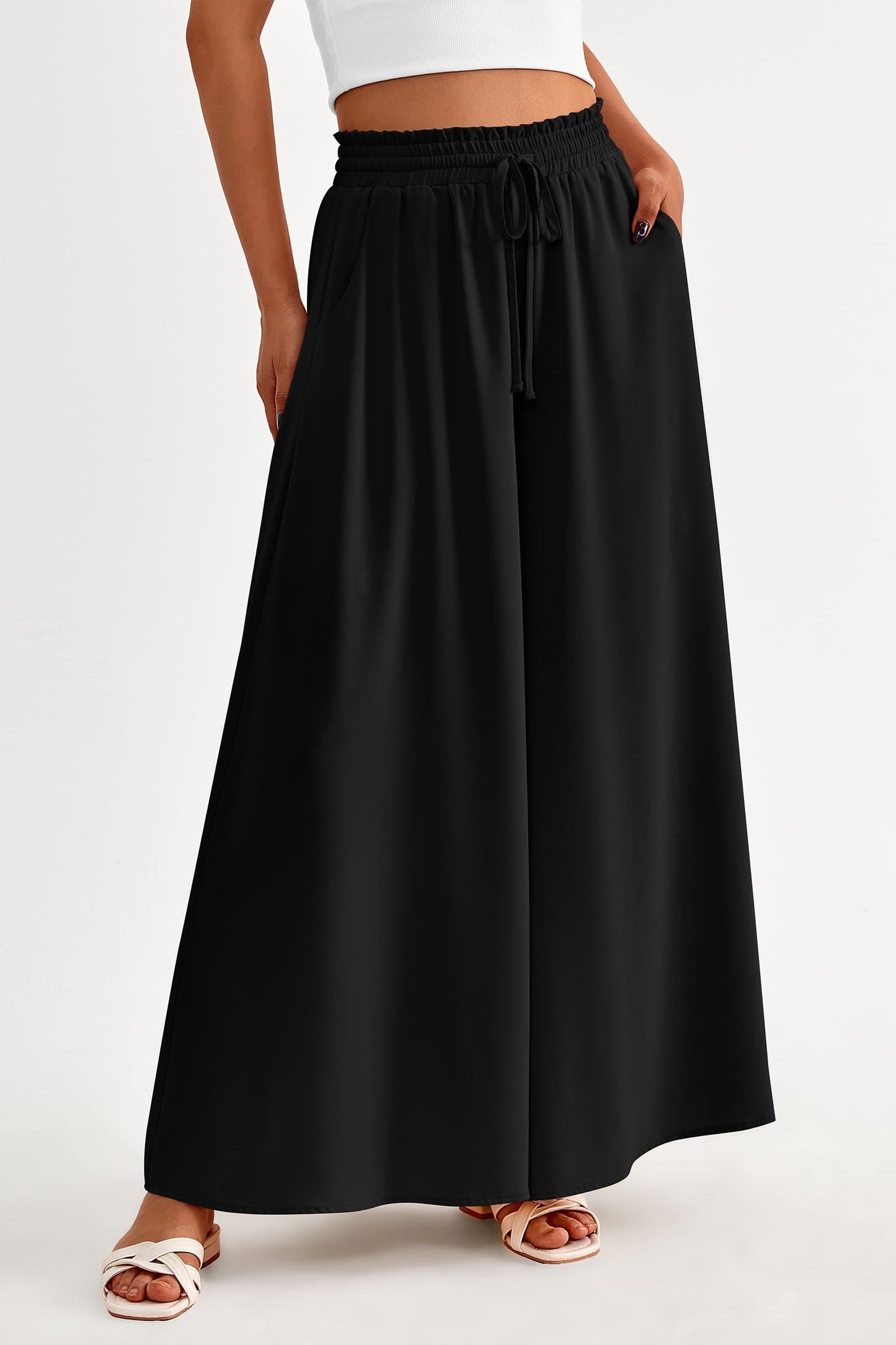 PRETTYGARDEN Women's 2025 Summer Wide Leg Palazzo Pants High Waisted Flowy Pockets Trendy Casual Lounge Boho Beach Trousers (Print Black,Small)