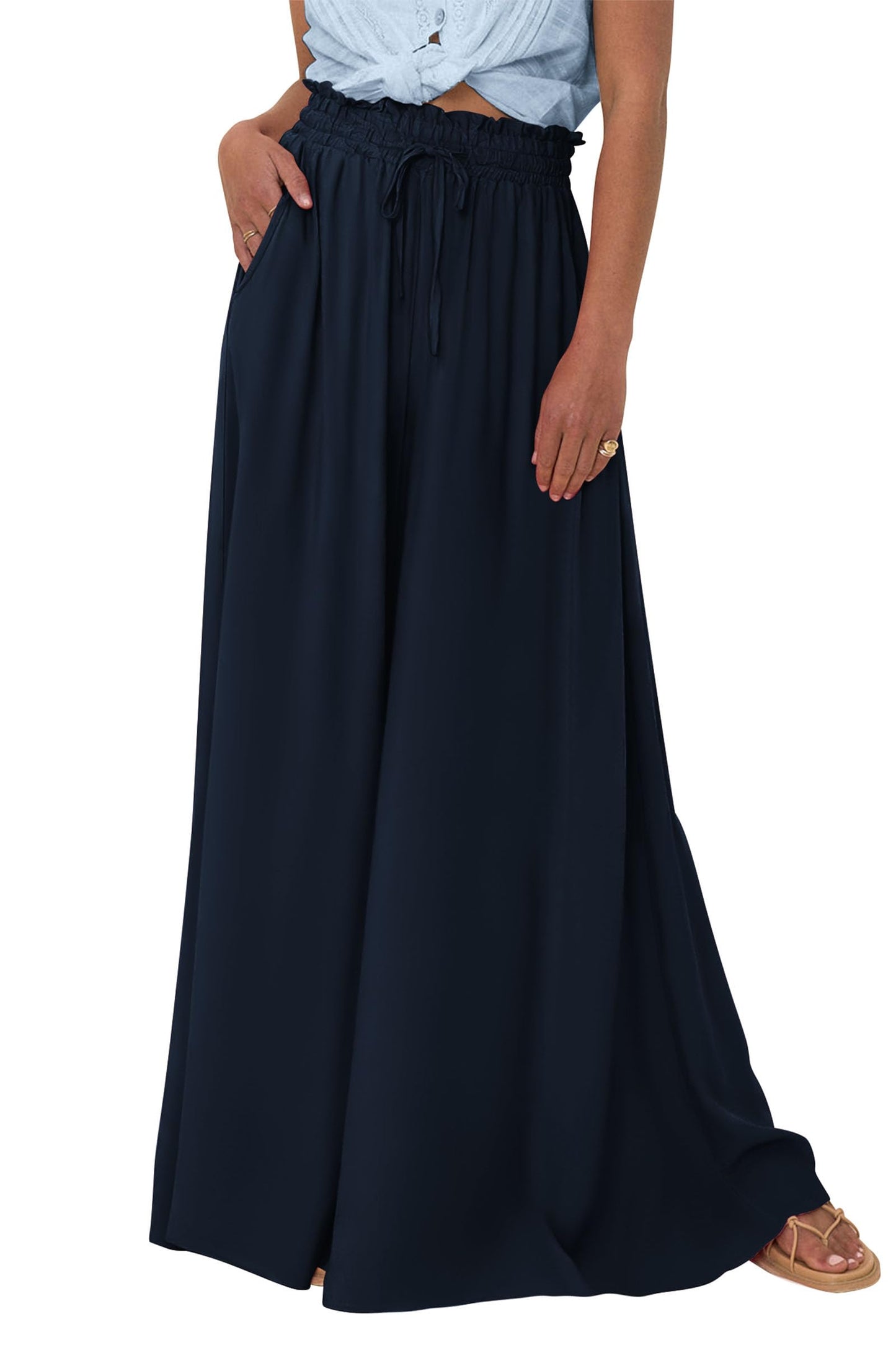 PRETTYGARDEN Women's 2025 Summer Wide Leg Palazzo Pants High Waisted Flowy Pockets Trendy Casual Lounge Boho Beach Trousers (Print Black,Small)