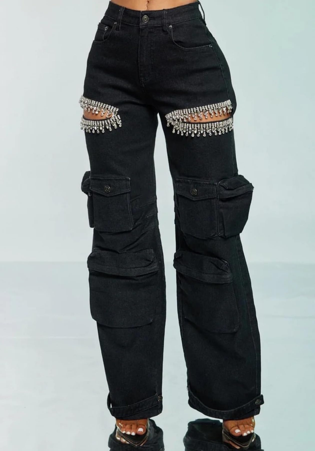 Unybwonn Sexy Pearl Sparkly Jeans for Women Cutout Bedazzled Elastic Baggy Cargo Denim Pants with Flap Pockets Blue