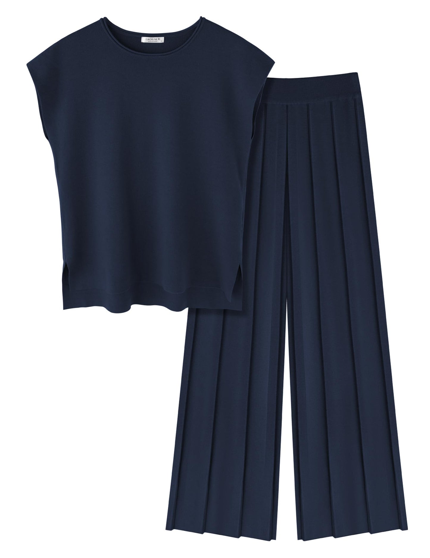 Ekouaer Lounge Sets for Women Two Piece Outfits Knit Cap Sleeve Tops Wide Leg Pleated Pants Casual Dressy Sweater Sets Beige