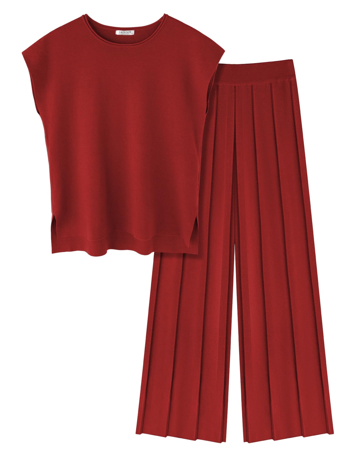 Ekouaer Lounge Sets for Women Two Piece Outfits Knit Cap Sleeve Tops Wide Leg Pleated Pants Casual Dressy Sweater Sets Beige