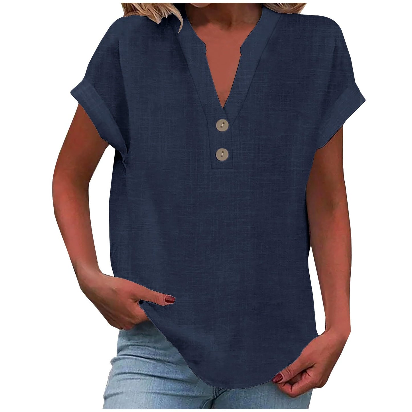 Big Spring Deals Summer Tops for Women 2025 Trendy Short Sleeve Cotton Linen Shirt Casual Button v Neck Tunic Blouses Outfits White Travel Shirts for Women M