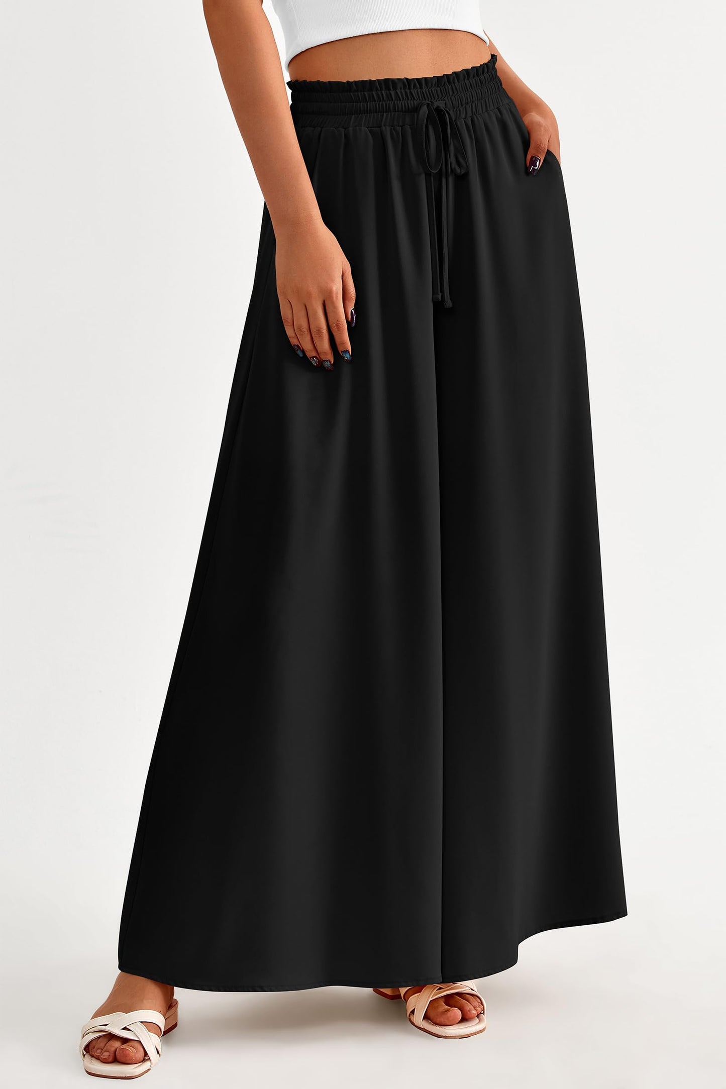 PRETTYGARDEN Women's 2025 Summer Wide Leg Palazzo Pants High Waisted Flowy Pockets Trendy Casual Lounge Boho Beach Trousers (Print Black,Small)