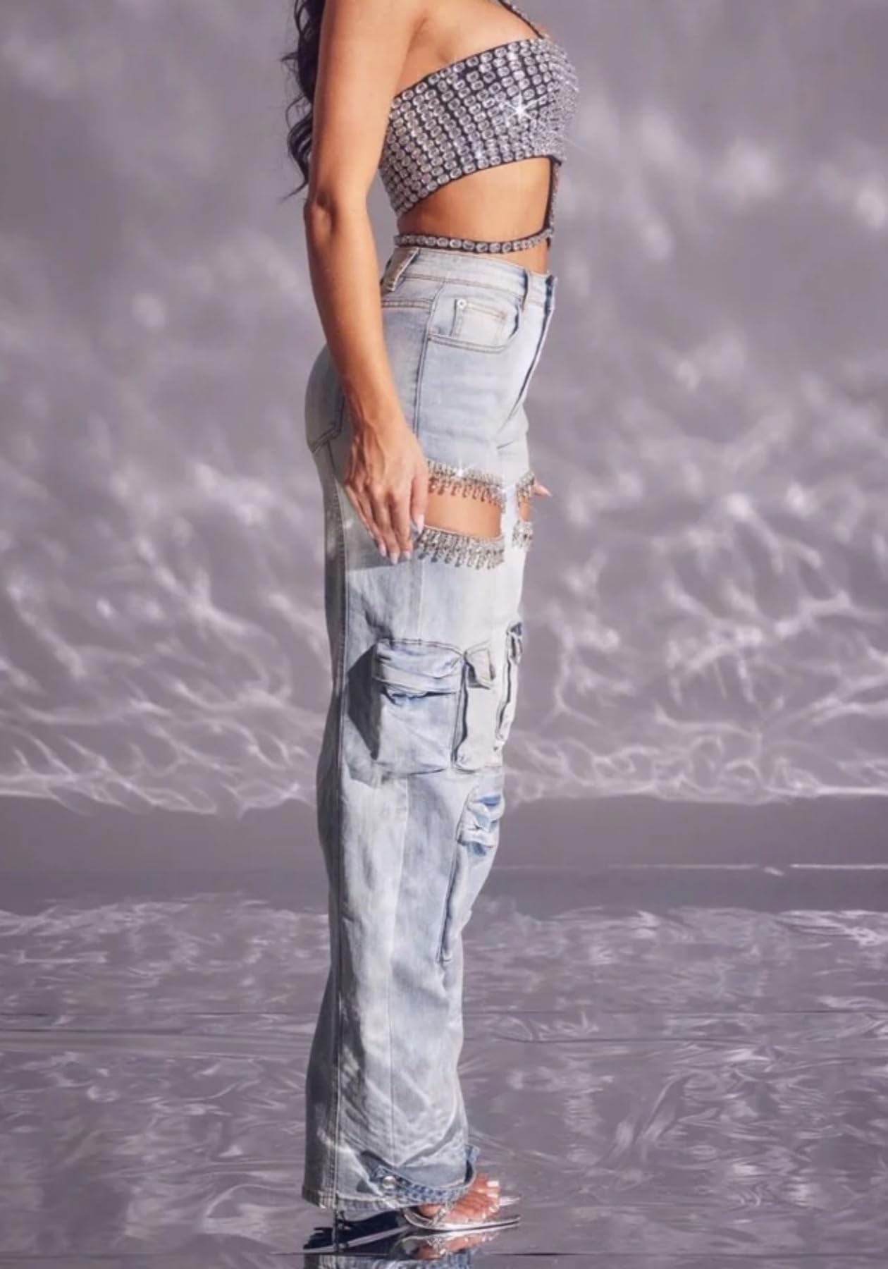 Unybwonn Sexy Pearl Sparkly Jeans for Women Cutout Bedazzled Elastic Baggy Cargo Denim Pants with Flap Pockets Blue