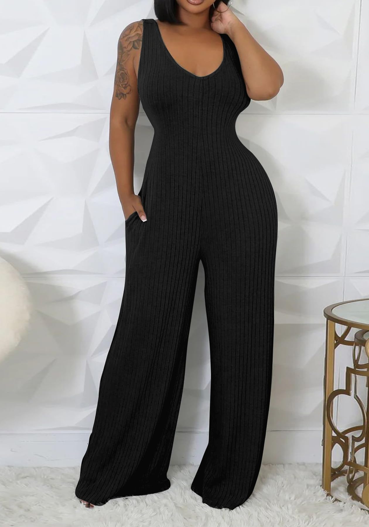Vakkest Sexy Ribbed Knitted 2 Piece Jumpsuit Outfits for Women Long Sleeve Crop Cardigan Sweater Wide Leg Tank Romper Set