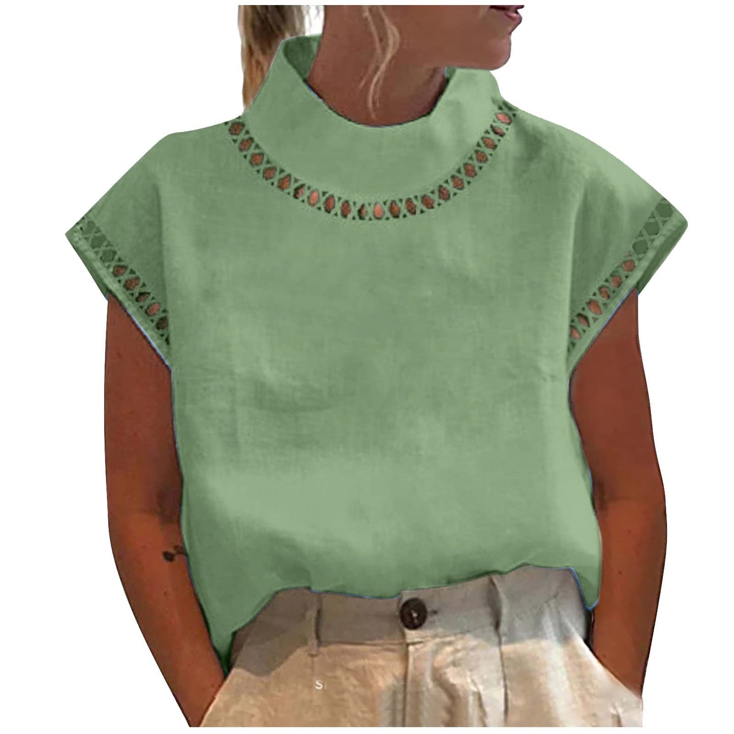 Summer Outfits for Women 2024 Cotton Linen Tops for Women 2024 Casual Cap Sleeve Summer Shirts Loose High Neck Tshirt Dressy Casual Blouses Womens Summer Blouses 2024 Gray M
