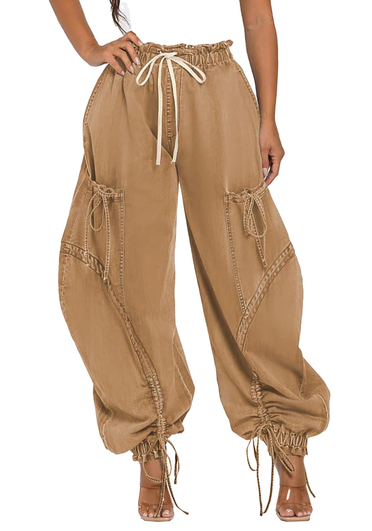 Unybwonn Women Baggy Barrel Jeans High Waisted Y2k Drawstring Bow Tie Cargo Jean Retro Wide Leg Ankle Denim Joggers