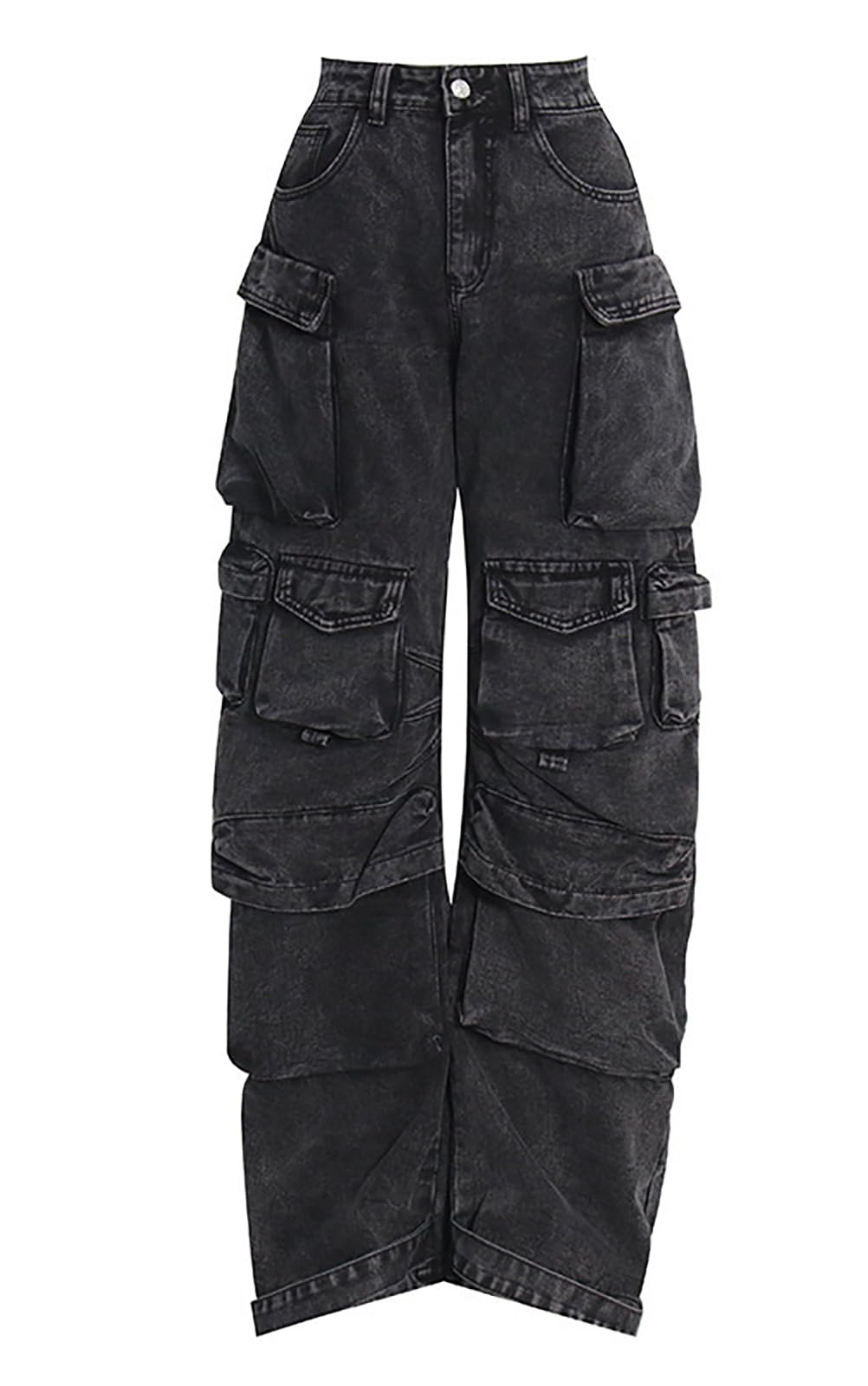 LKOUS Women's Y2K Baggy Straight Wide Leg Cargo Jeans, Streetwear High Waisted Denim Pant Grey