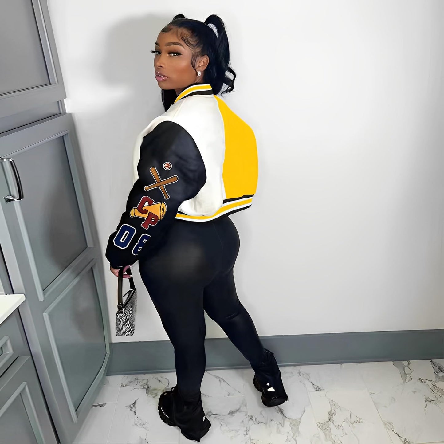 Glitrandi Varsity Jacket for Women Jacket with Patches Cropped Bomber Leather Jacket Woman Winter Spring 2025 S-XXL