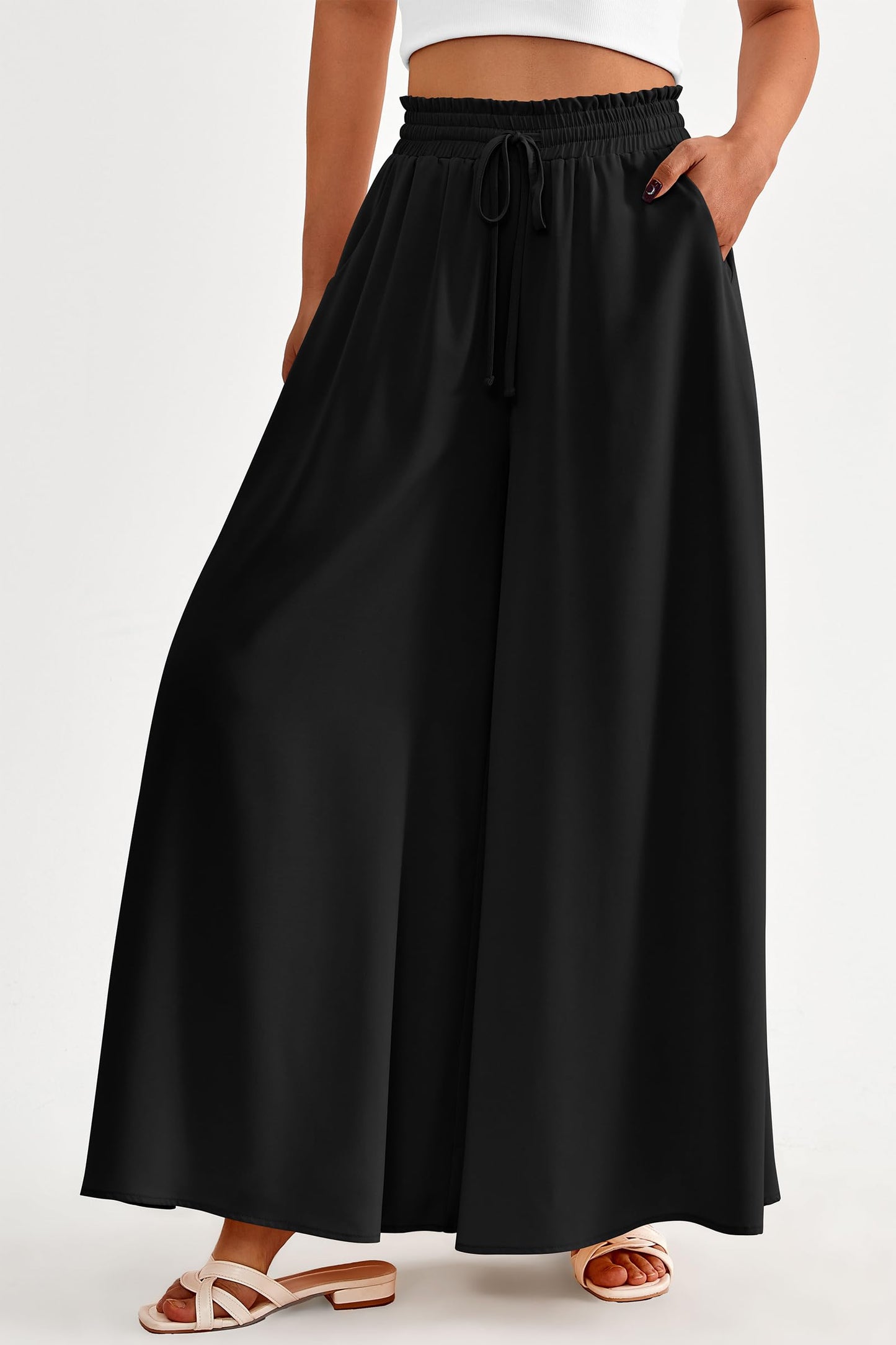 PRETTYGARDEN Women's 2025 Summer Wide Leg Palazzo Pants High Waisted Flowy Pockets Trendy Casual Lounge Boho Beach Trousers (Print Black,Small)