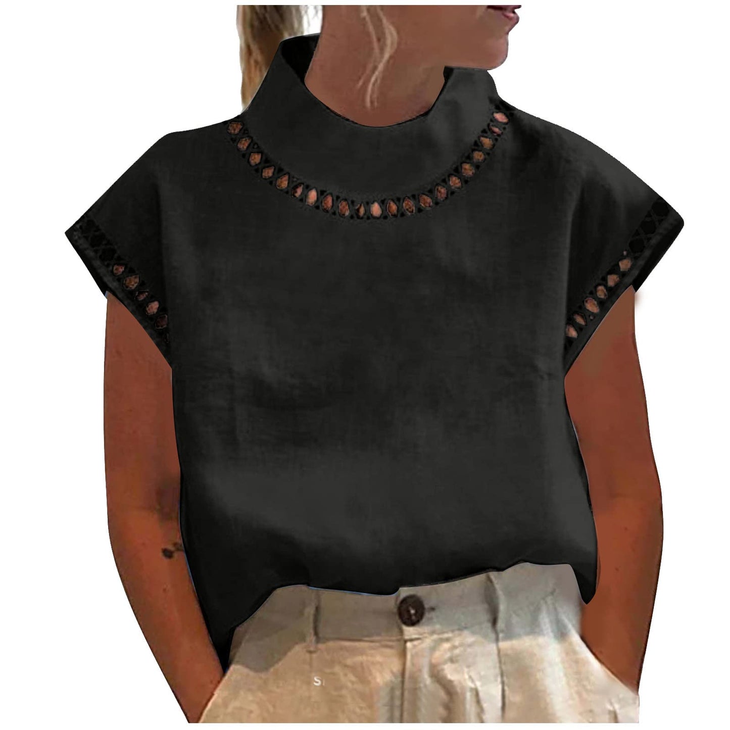 Summer Outfits for Women 2024 Cotton Linen Tops for Women 2024 Casual Cap Sleeve Summer Shirts Loose High Neck Tshirt Dressy Casual Blouses Womens Summer Blouses 2024 Gray M