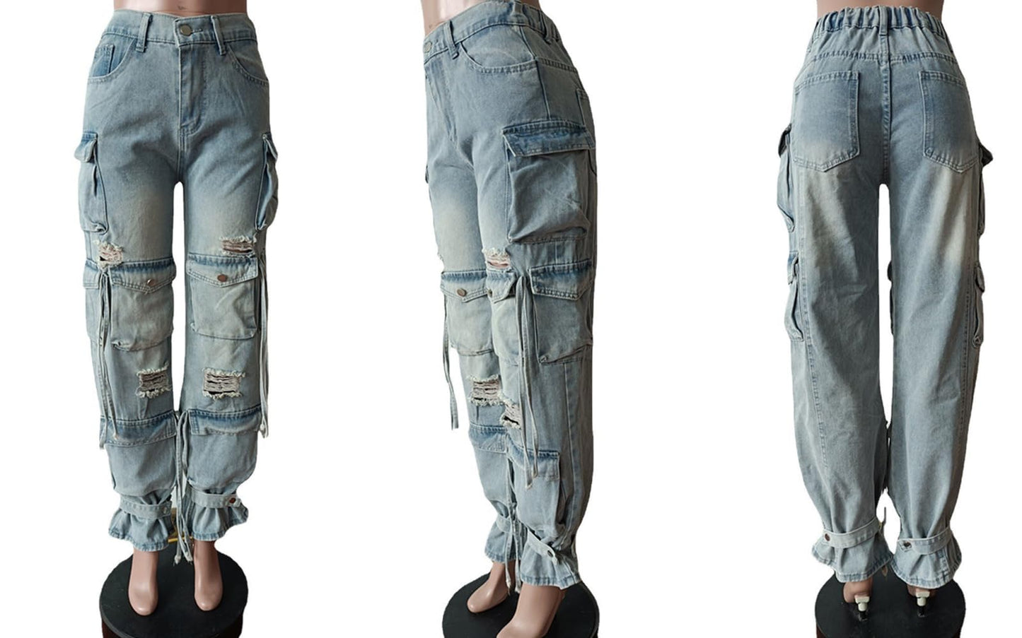 LKOUS Women's Y2K Baggy Straight Wide Leg Cargo Jeans, Streetwear High Waisted Denim Pant Grey
