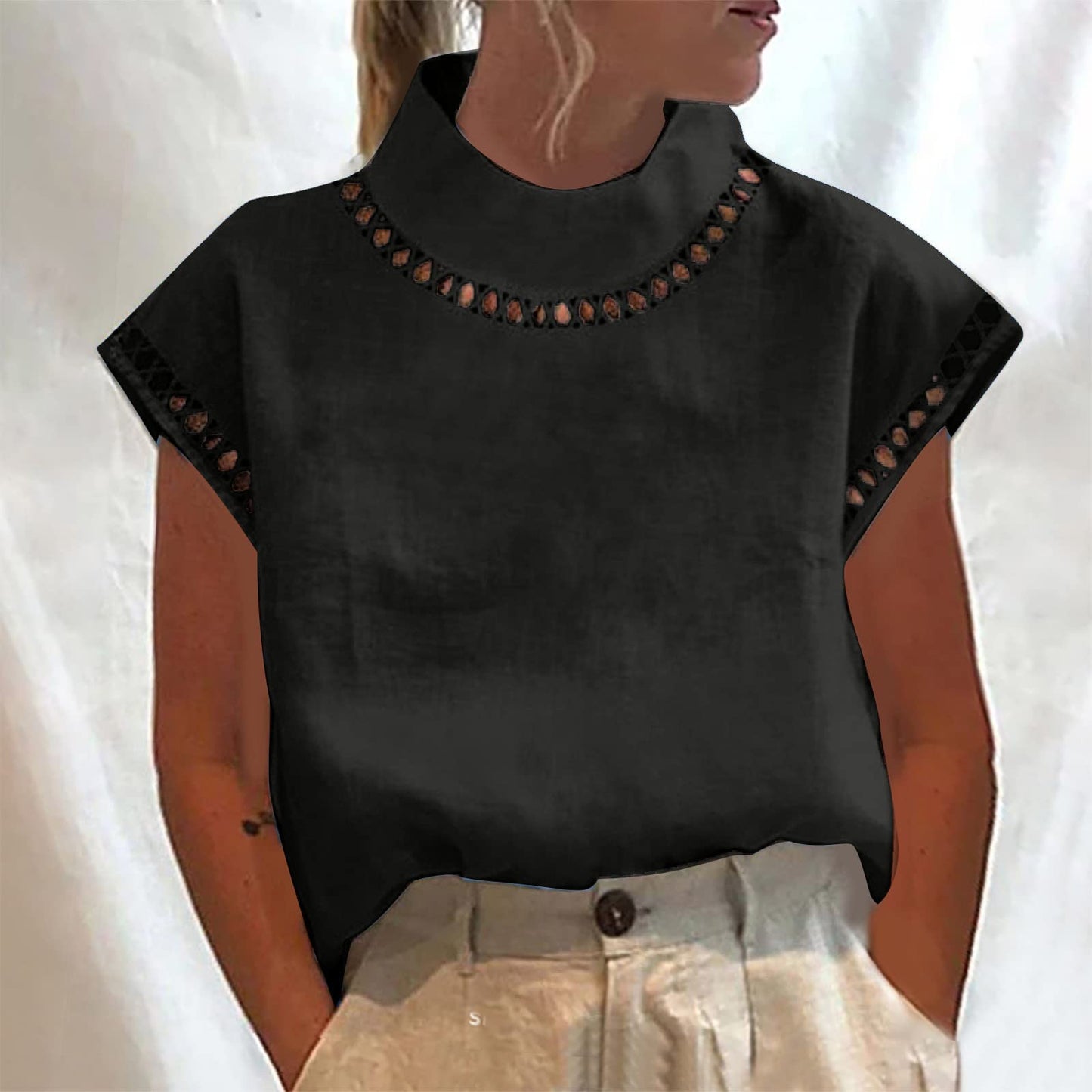 Summer Outfits for Women 2024 Cotton Linen Tops for Women 2024 Casual Cap Sleeve Summer Shirts Loose High Neck Tshirt Dressy Casual Blouses Womens Summer Blouses 2024 Gray M