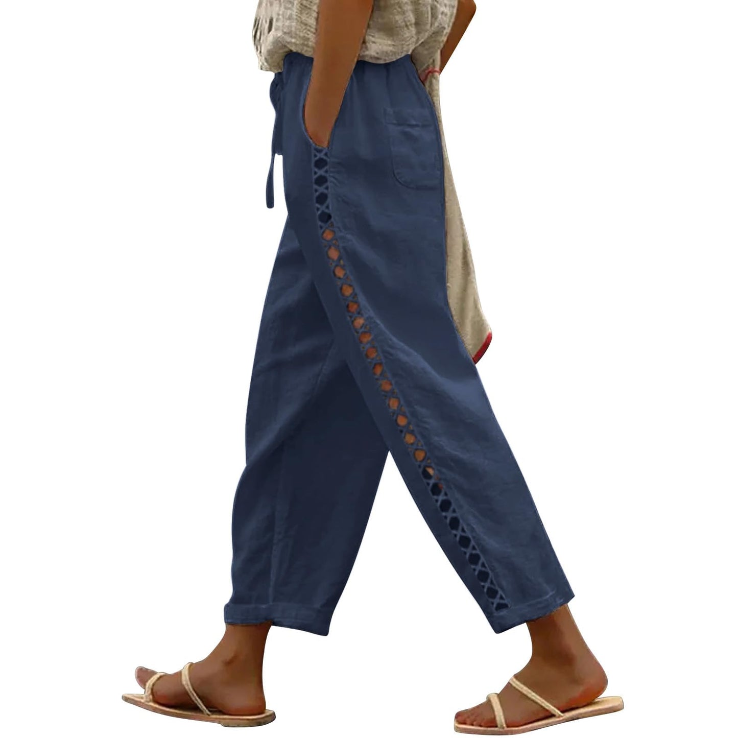 Puimentiua Women's Linen Capri Pants with Drawstring Petite Summer Beachwear Lightweight Elastic Waist Pants, Light Khaki, L