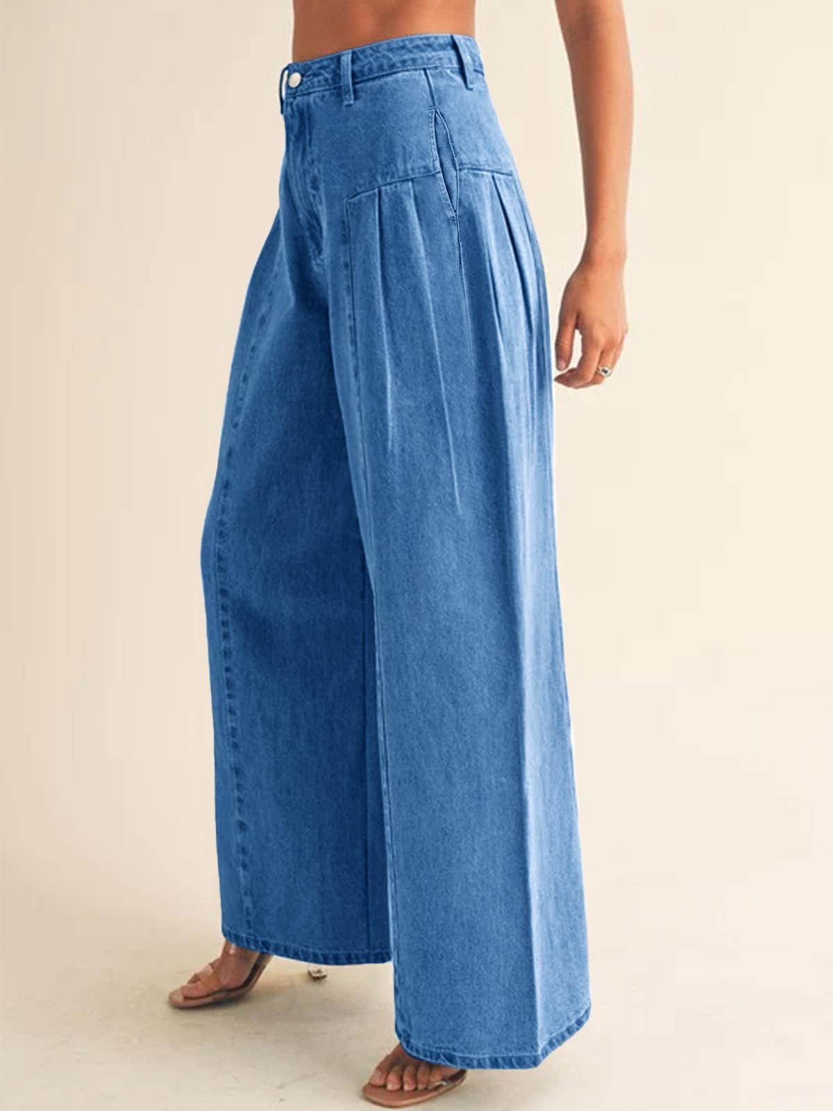 PLNOTME Womens Baggy High Waisted Jeans Loose Boyfriend Wide Leg Side Pleated Denim Pants Blue