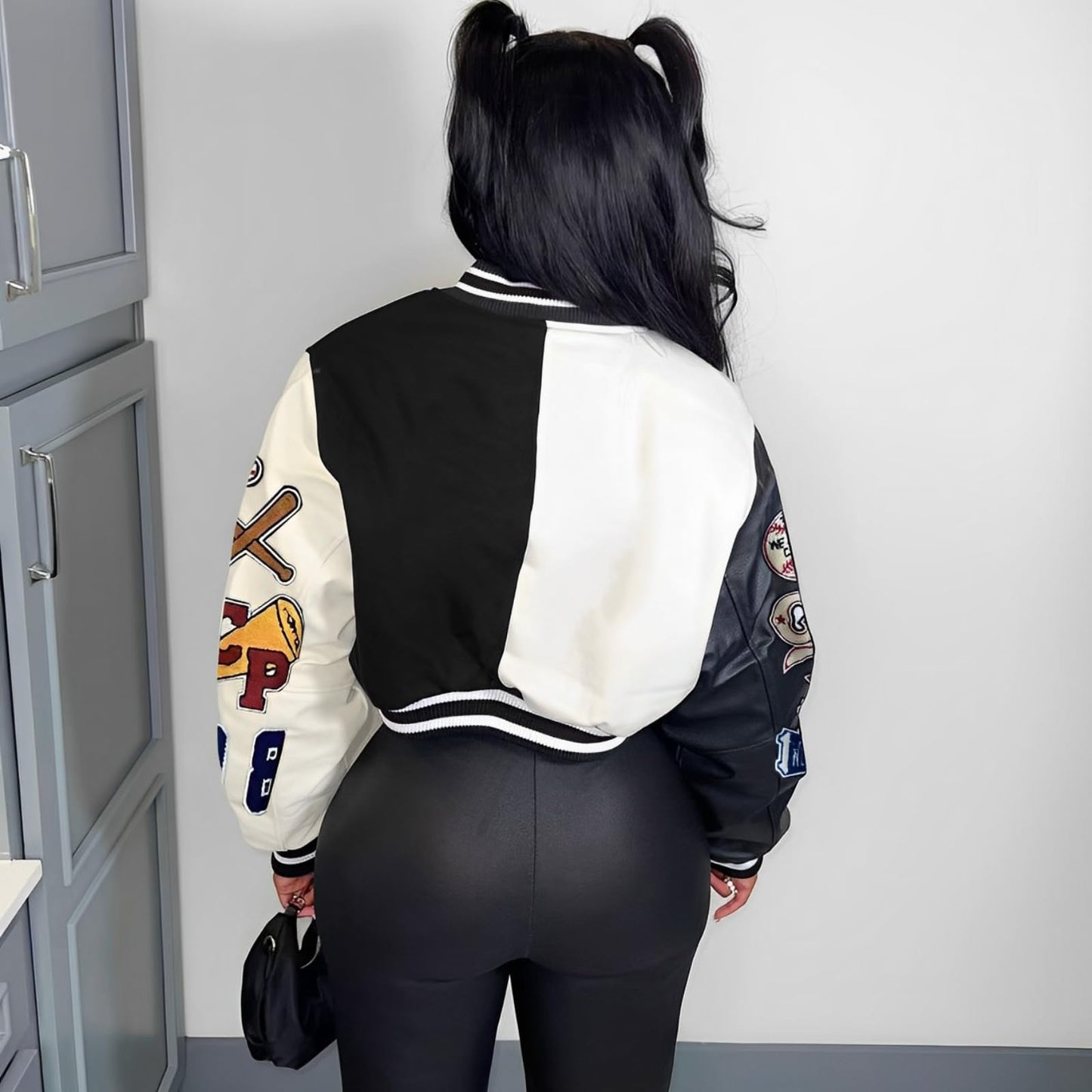 Glitrandi Varsity Jacket for Women Jacket with Patches Cropped Bomber Leather Jacket Woman Winter Spring 2025 S-XXL