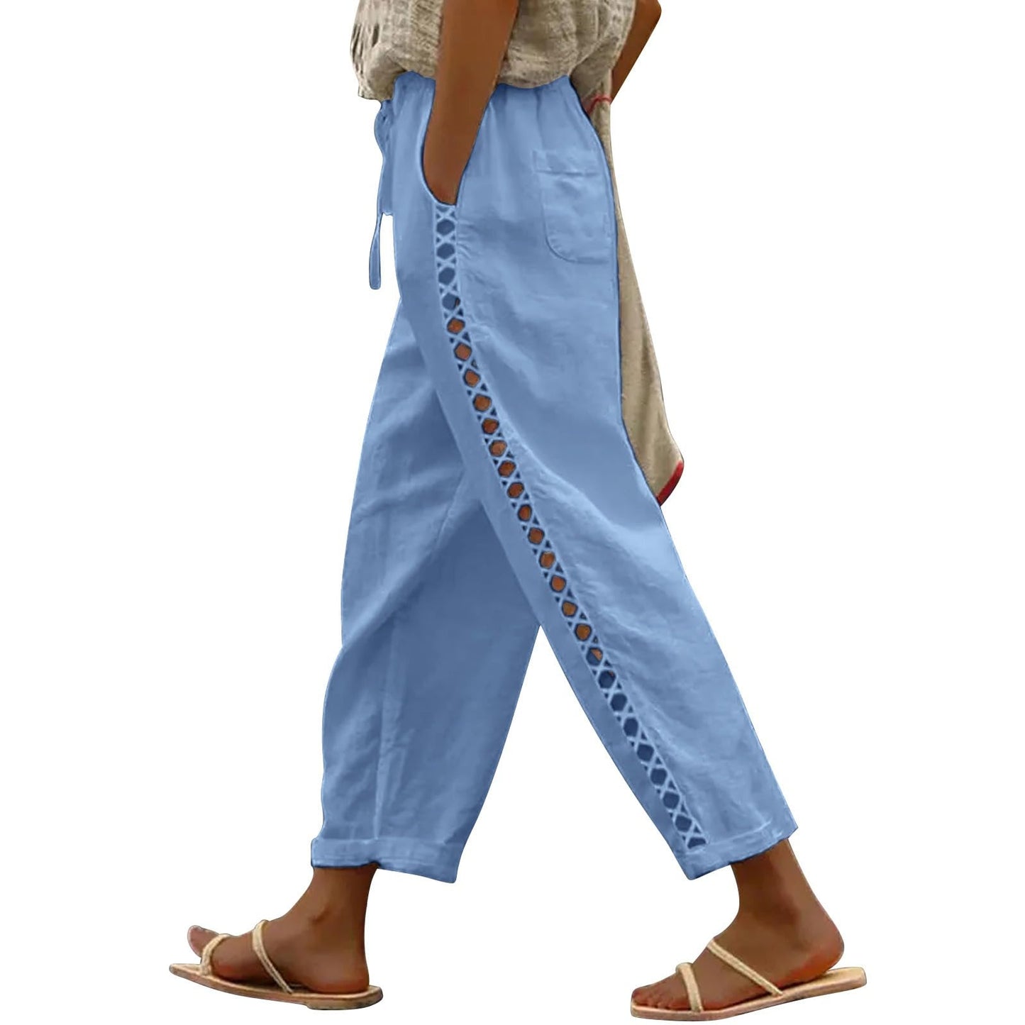 Puimentiua Women's Linen Capri Pants with Drawstring Petite Summer Beachwear Lightweight Elastic Waist Pants, Light Khaki, L