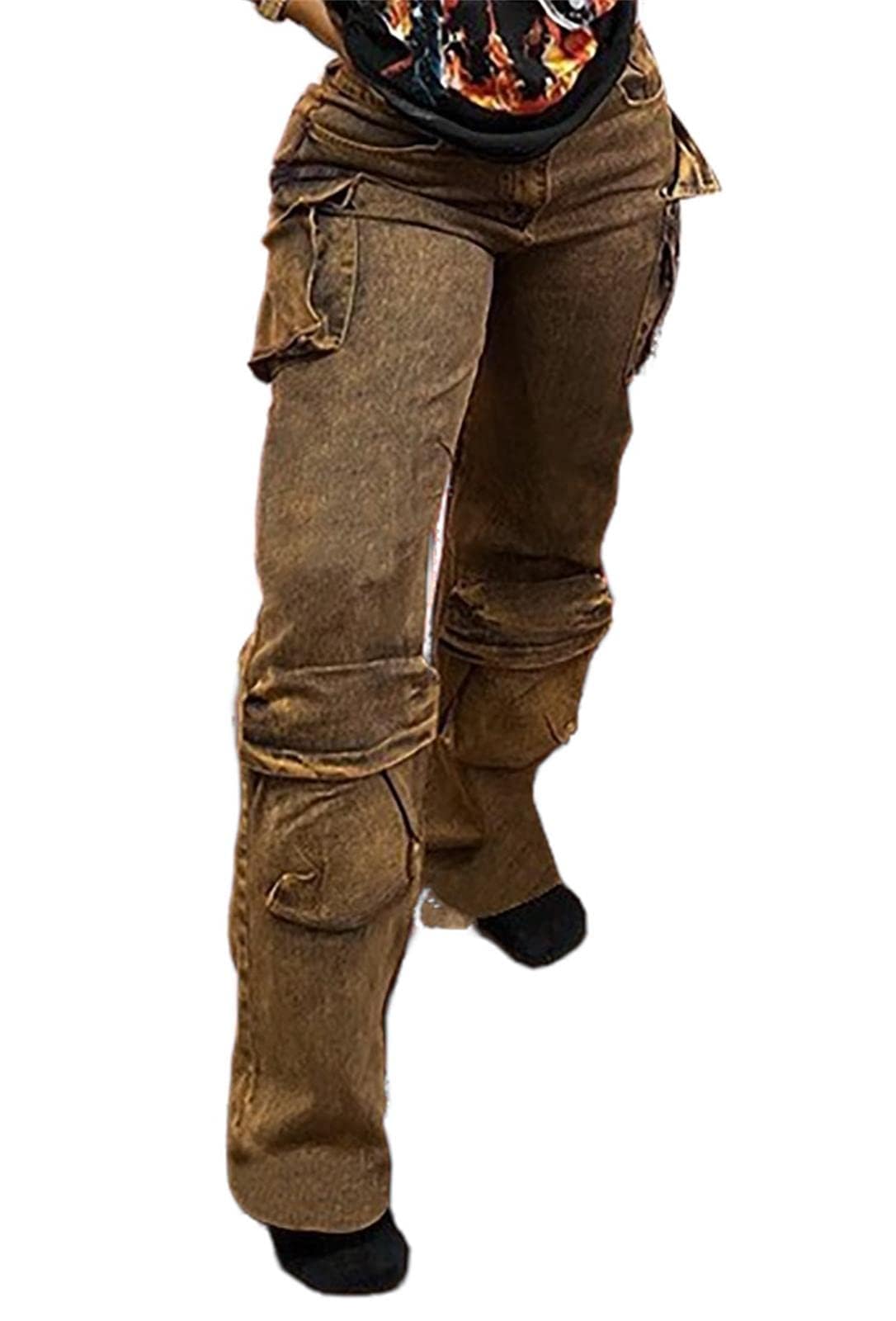 Women's Cargo Pants Y2K High Waist Baggy Jeans Flap Pocket Straight Leg Denim Pants Streetwear