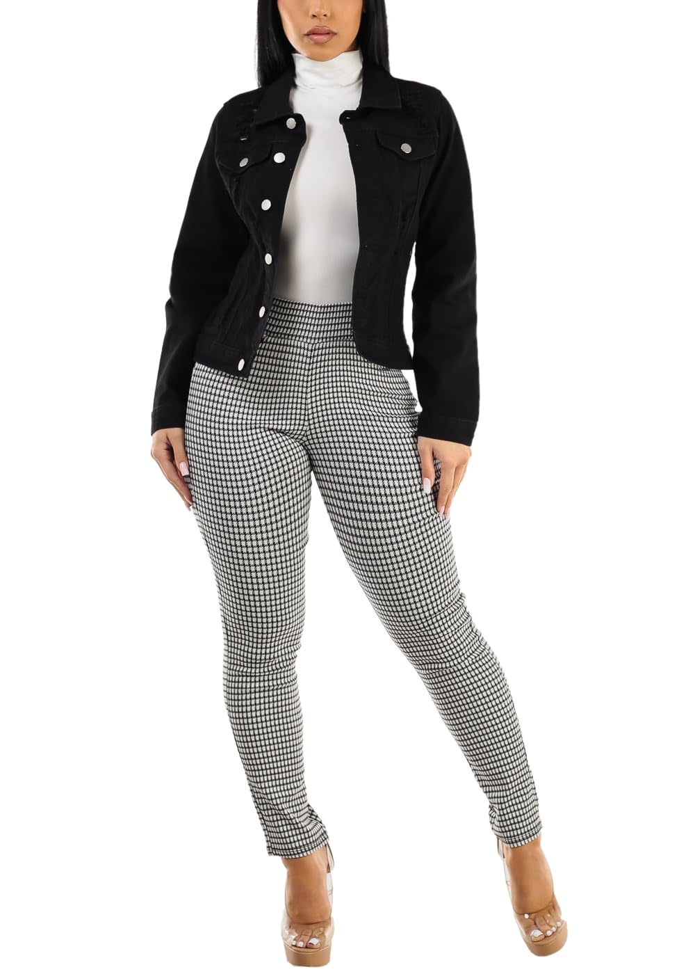 Moda Xpress Womens Juniors Super High Waist Checkered Black Skinny Pants 40087H