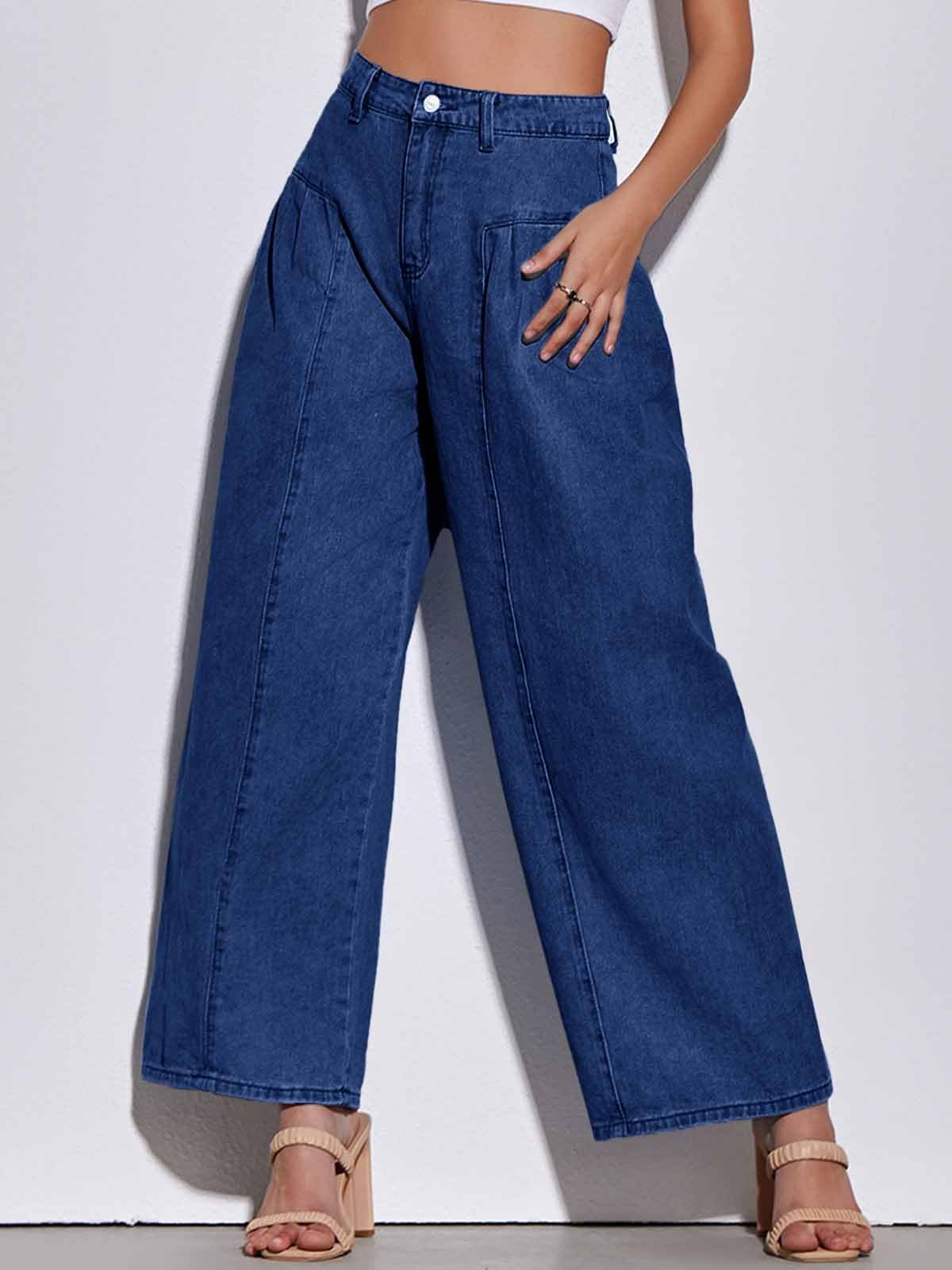 PLNOTME Womens Baggy High Waisted Jeans Loose Boyfriend Wide Leg Side Pleated Denim Pants Blue
