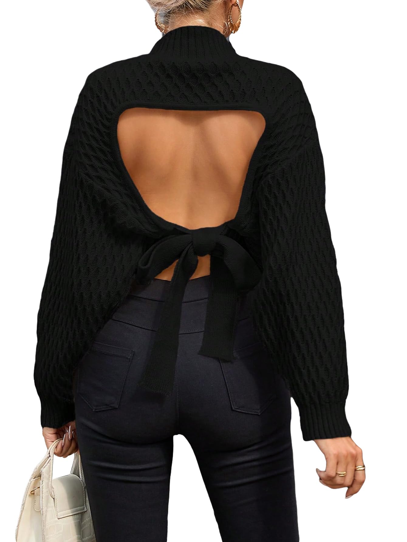 GORGLITTER Women's Bow Open Back Sweater Top Trendy Long Sleeve Backless Drop Shoulder Mock Neck Cable Knit Sweaters Beige Large