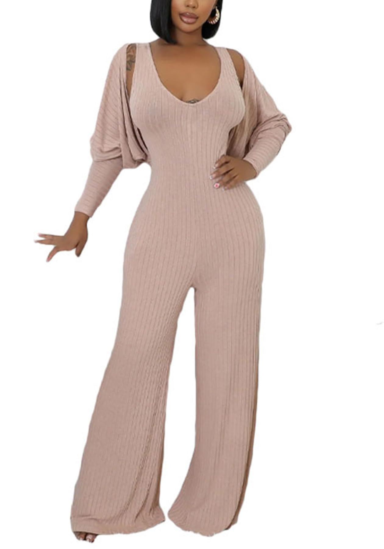 Vakkest Sexy Ribbed Knitted 2 Piece Jumpsuit Outfits for Women Long Sleeve Crop Cardigan Sweater Wide Leg Tank Romper Set