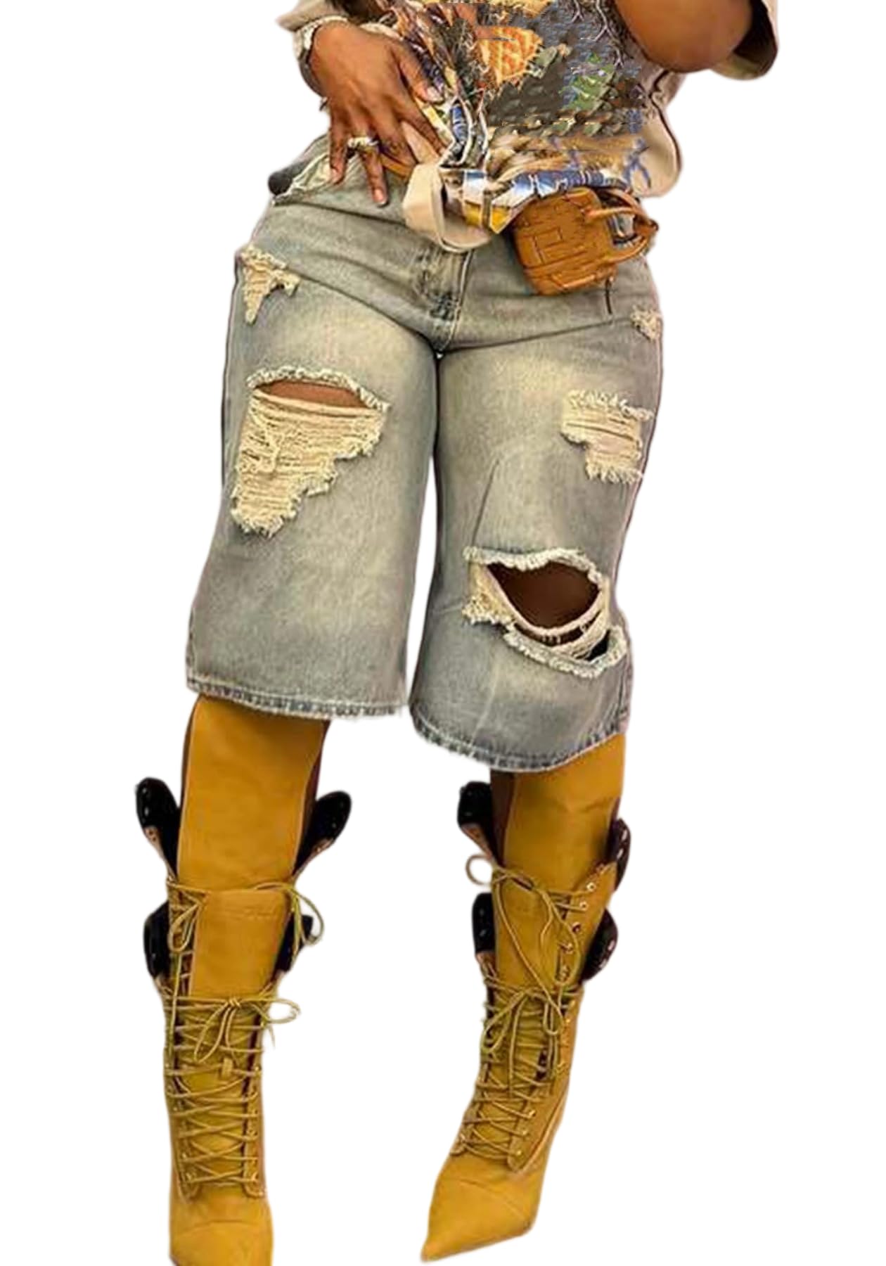 Women's Jean Shorts Distressed High Waist Straight Leg Denim Shorts Casual Cargo Jean Shorts with Pockets
