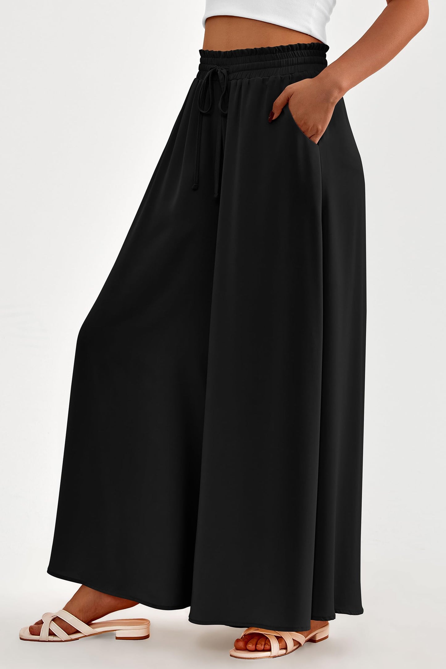 PRETTYGARDEN Women's 2025 Summer Wide Leg Palazzo Pants High Waisted Flowy Pockets Trendy Casual Lounge Boho Beach Trousers (Print Black,Small)