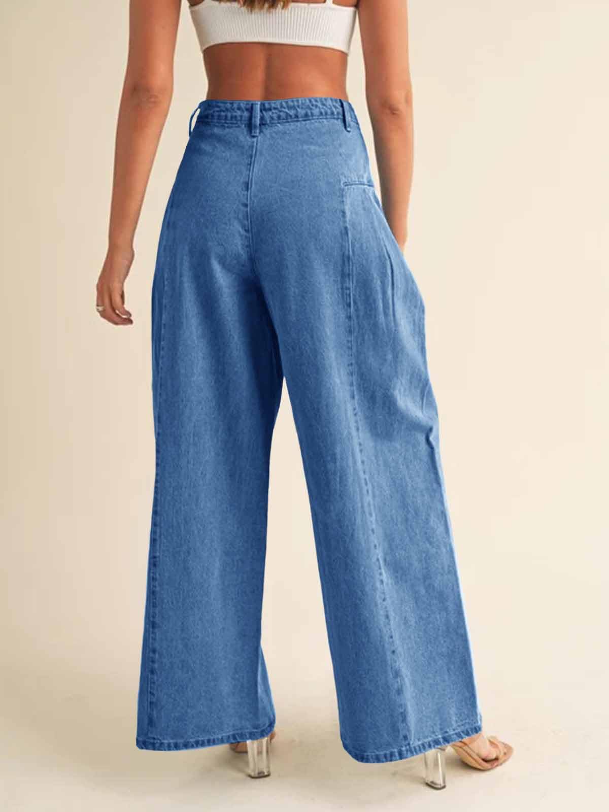 PLNOTME Womens Baggy High Waisted Jeans Loose Boyfriend Wide Leg Side Pleated Denim Pants Blue