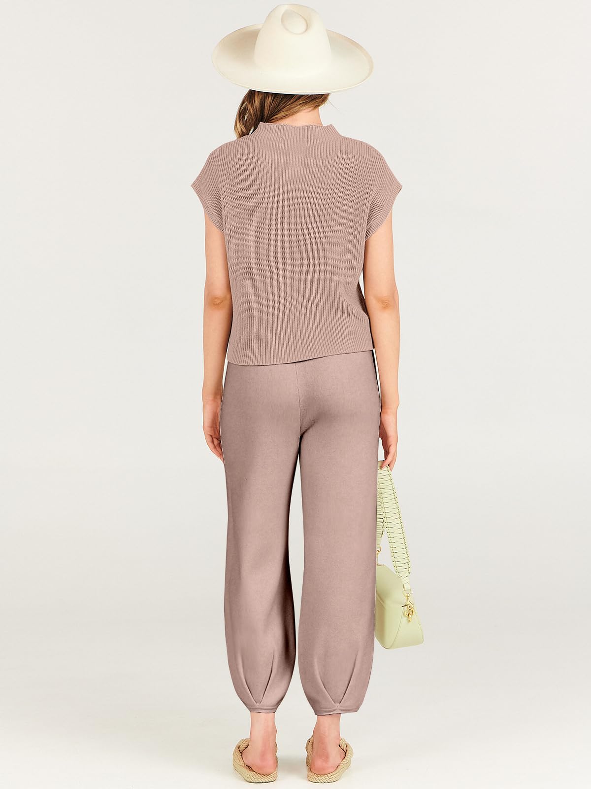 ANRABESS Women's Two Piece Outfits Knit Sweater Vest Crop Top Pants Lounge Matching Tracksuit Sweatsuit Travel Clothes Sets Pink X-Small