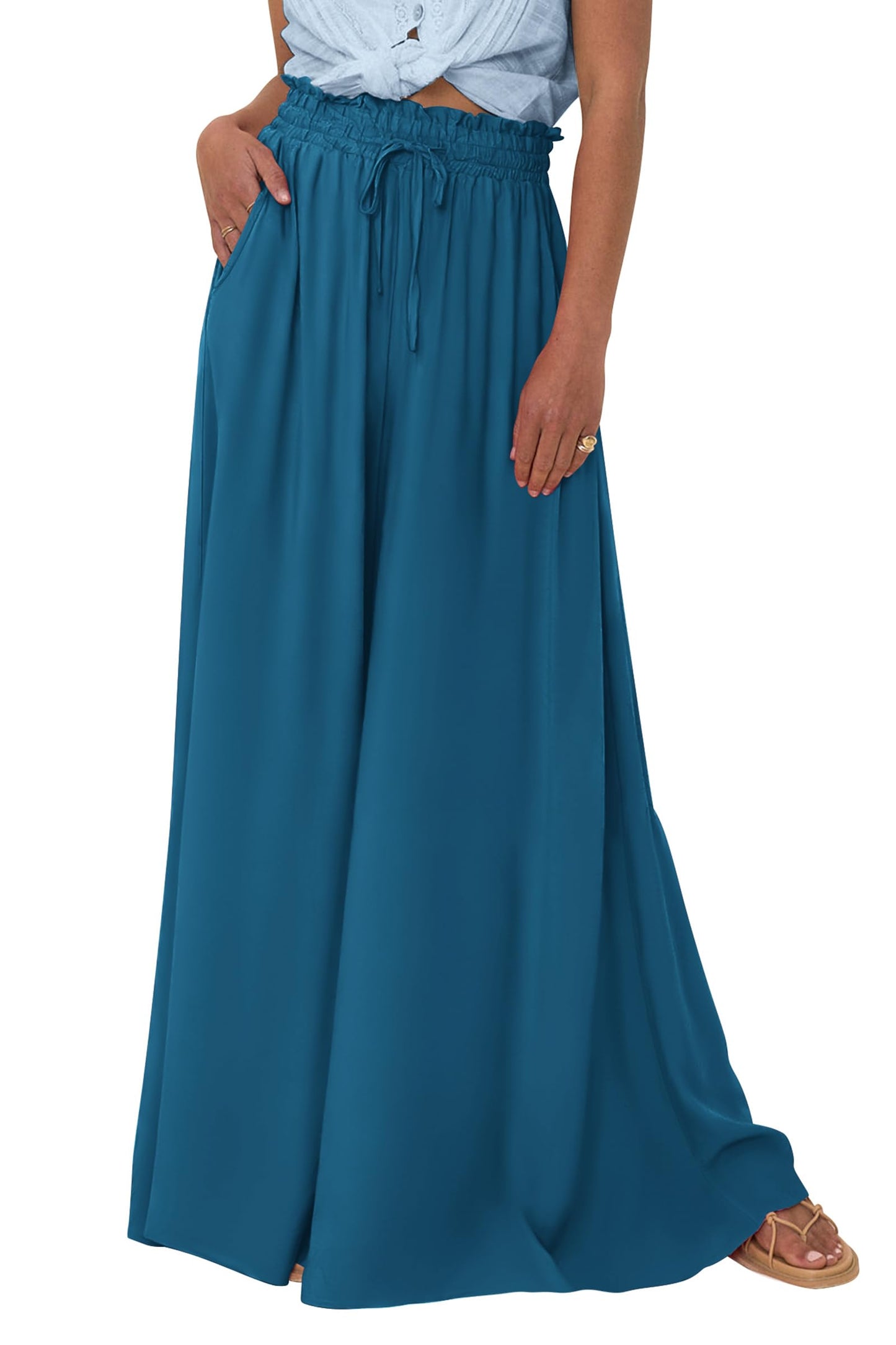 PRETTYGARDEN Women's 2025 Summer Wide Leg Palazzo Pants High Waisted Flowy Pockets Trendy Casual Lounge Boho Beach Trousers (Print Black,Small)
