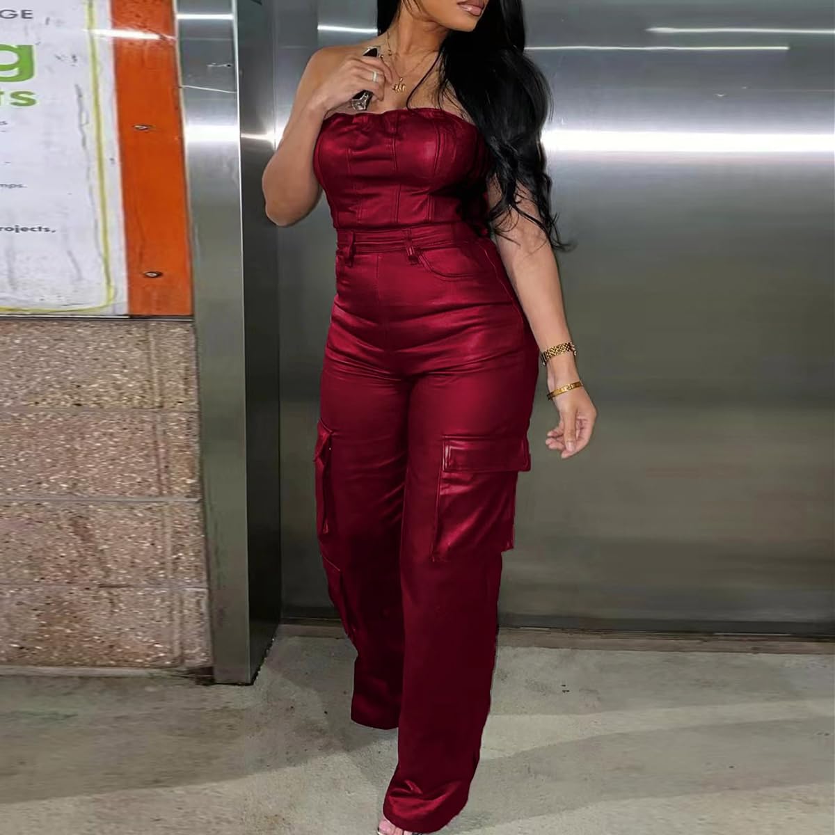 REASERAL Womens PU Leather Jumpsuit Sexy Off the Shoulder Top Tight Waist Cargo Pants Bodysuit