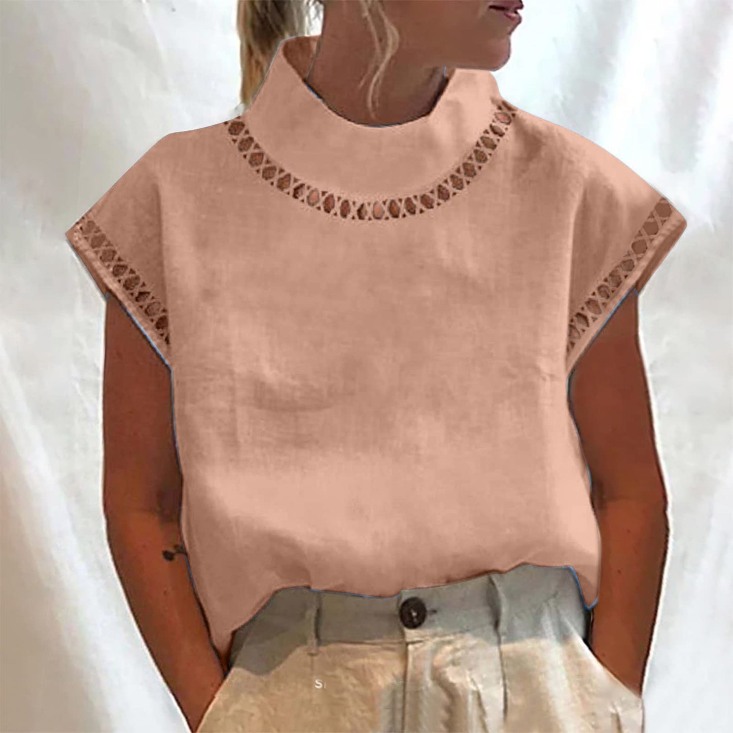 Summer Outfits for Women 2024 Cotton Linen Tops for Women 2024 Casual Cap Sleeve Summer Shirts Loose High Neck Tshirt Dressy Casual Blouses Womens Summer Blouses 2024 Gray M