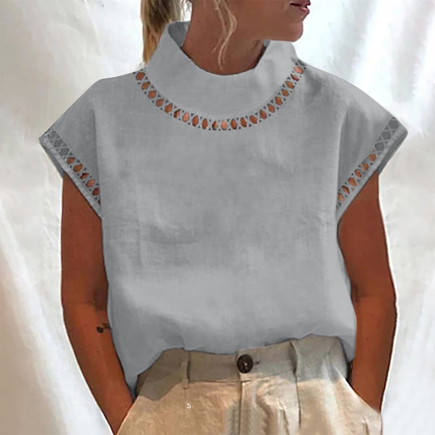 Summer Outfits for Women 2024 Cotton Linen Tops for Women 2024 Casual Cap Sleeve Summer Shirts Loose High Neck Tshirt Dressy Casual Blouses Womens Summer Blouses 2024 Gray M