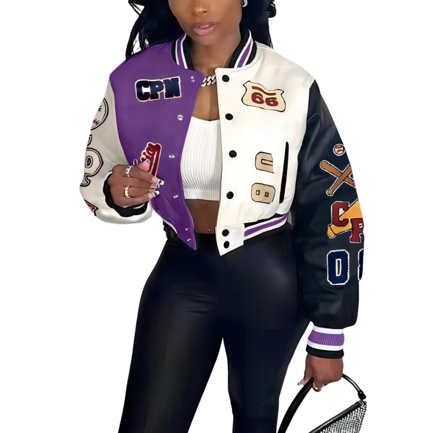 Glitrandi Varsity Jacket for Women Jacket with Patches Cropped Bomber Leather Jacket Woman Winter Spring 2025 S-XXL