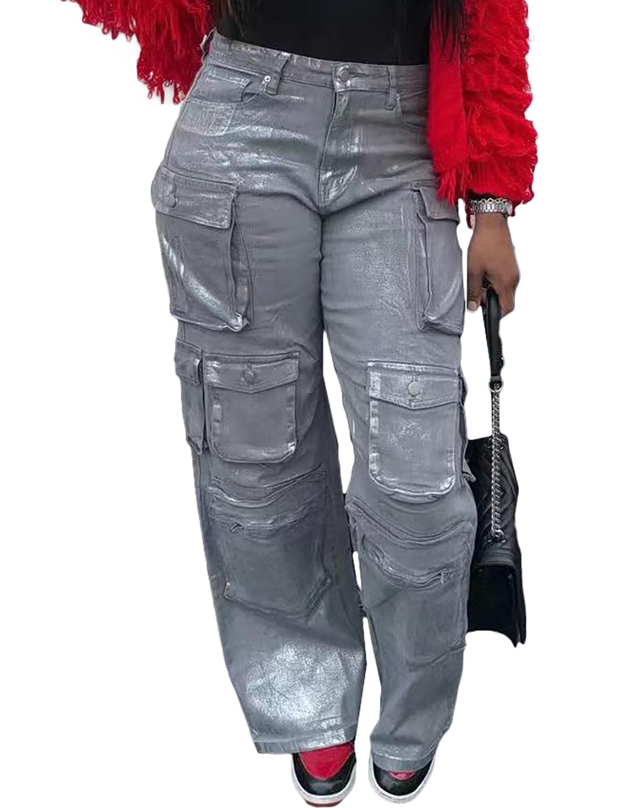 LKOUS Women's Y2K Baggy Straight Wide Leg Cargo Jeans, Streetwear High Waisted Denim Pant Grey